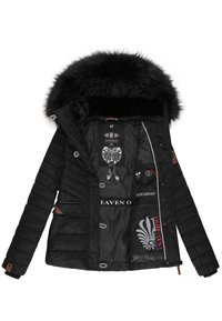 Black quilted jacket with a fur-lined hood, featuring silver hardware, multiple pockets, and interior brand logos. Smooth exterior texture.