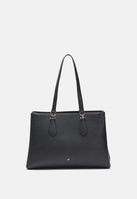 Borsa tote in pelle nera con due manici, superficie texturizzata, hardware in tonalità oro e design minimalista. Presenta una chiusura con zip e logo.
