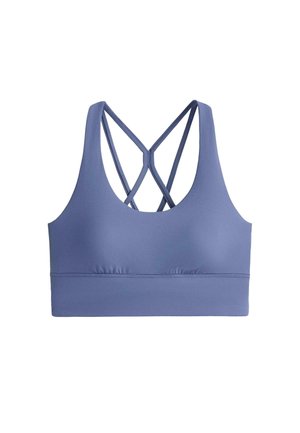 Reggiseno sportivo blu con sottili spalline incrociate sul retro e una banda elastica larga nella parte inferiore.