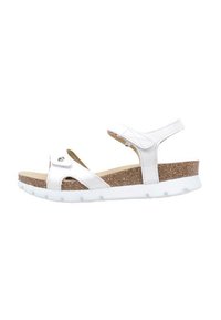 Witte sandalen met verstelbare riem, kurken voetbed en rubberen zool. Kenmerken uitsnijdingen en een kleine metalen accent op de riem.