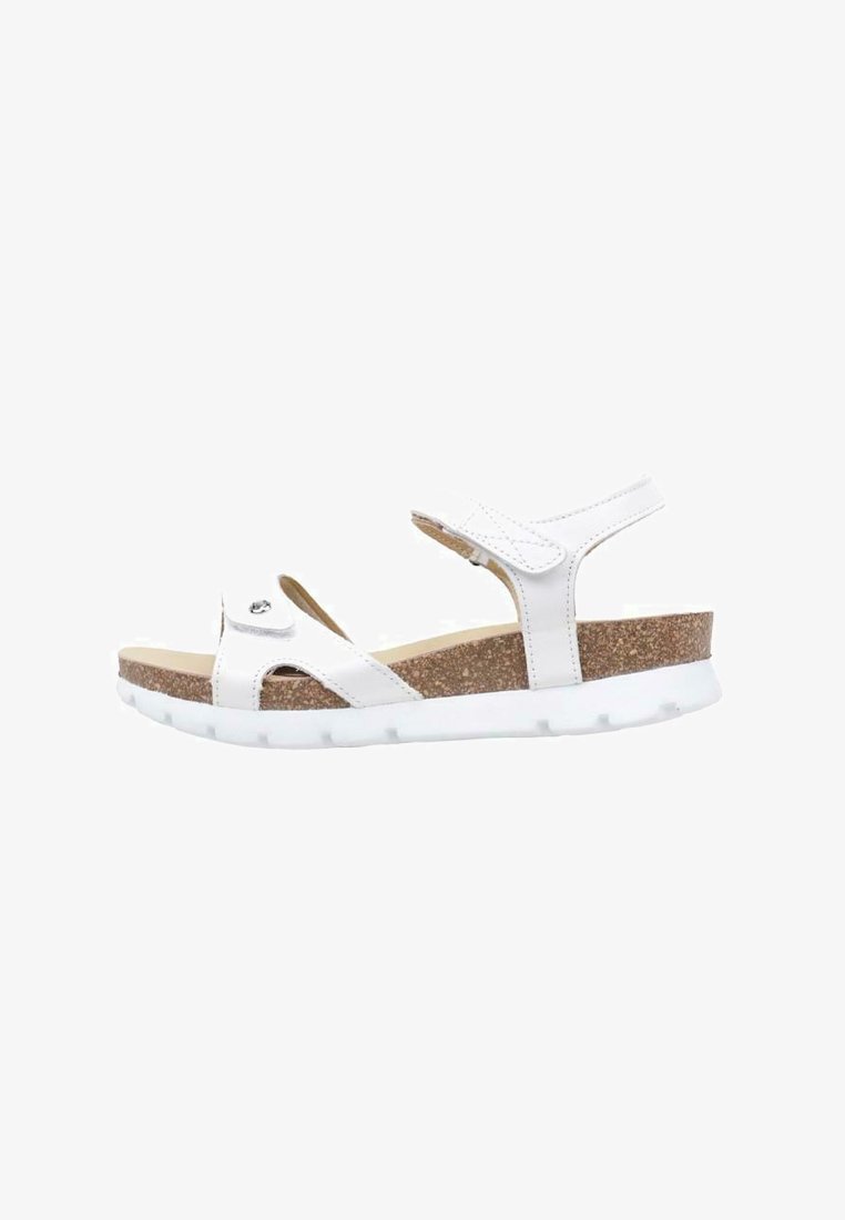 Witte sandalen met verstelbare riem, kurken voetbed en rubberen zool. Kenmerken uitsnijdingen en een kleine metalen accent op de riem.
