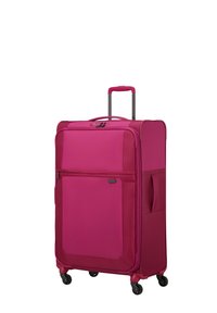 Pink suitcase with a hard shell, retractable handle, two front pockets, and four wheels for mobility. Smooth texture and sturdy design.