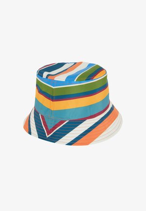 Cappello a secchiello multicolore con strisce audaci in blu, verde, arancione e crema. Realizzato in tessuto morbido con visiera per protezione dal sole.