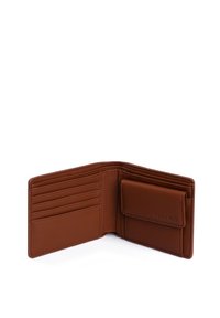 Brown leather wallet with multiple card slots and a side pocket. It features a smooth texture and subtle branding on the inner panel.