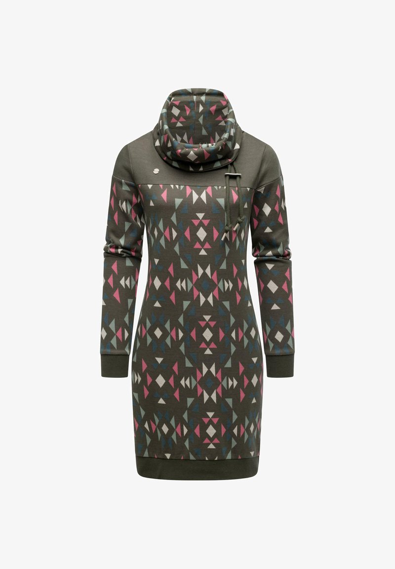Langärmliges Kleid mit grünem Grundton und mehrfarbigem geometrischem Dreiecksmuster, ausgestattet mit einem hohen Stehkragen und verstellbaren Zugbändern.