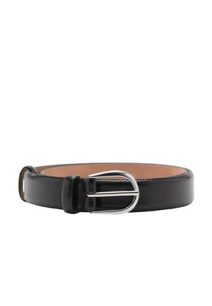 Black leather belt with a silver metal buckle, rolled flat with a tan-colored inner side visible.