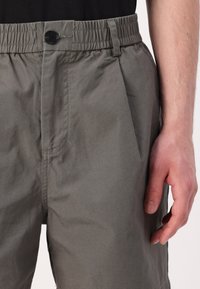 Pantaloni corti grigi chiari con vita elastica e chiusura a bottone, con pieghe sottili e texture liscia. Mano appoggiata di lato.