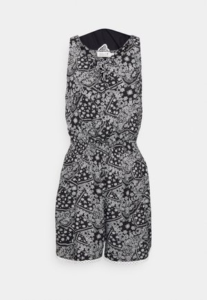 Mono negro con estampado de paisley blanco, diseño sin mangas, cintura elástica y borde de encaje en el dobladillo. Tejido ligero, corte relajado.