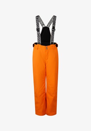 Orange snow pants with black adjustable suspenders featuring white “BOGNER” branding, two front buttons, and a relaxed fit design.