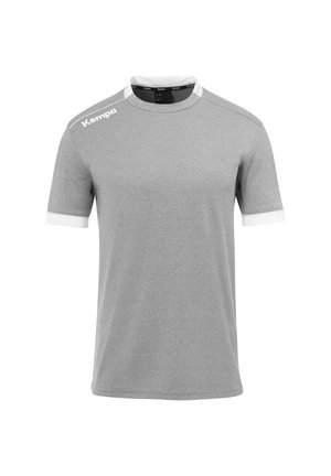 Gray short-sleeve t-shirt with white collar and sleeve accents, featuring the "Kempa" logo on the left shoulder in white.