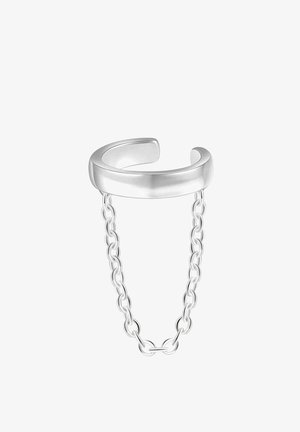 Anillo de pulsera de plata con una banda lisa y pulida, y una cadena de conexión formada por anillos de metal interconectados.