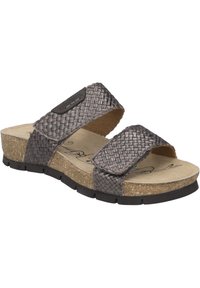 Graue geflochtene Rutschsandalen mit zwei verstellbaren Riemen, Korkfußbett und einer strukturierten Gummisohle für Grip und Komfort.