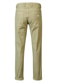 Chinos color khaki chiaro con gamba dritta, dotati di due tasche posteriori e polsiarli arrotolati. Realizzati in cotone traspirante con dettagli di cucitura discreti.