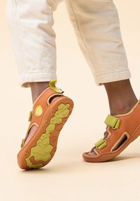 Sandalias marrones de punta abierta con correas verdes, suelas de goma texturizadas, cierres de Velcro ajustables y un diseño con recortes para transpirabilidad.
