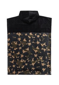 Black hooded sleeveless jacket with a camouflage floral pattern in beige and dark green. Features a logo at the hem. Soft texture, casual design.