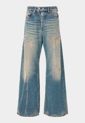 Blue wide-leg jeans with faded areas, distressed patches, and a small logo tag on the front right pocket.