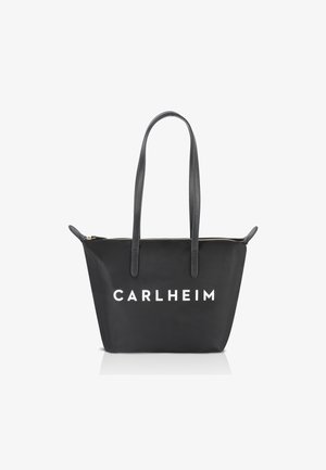 Zwarte draagtas met twee lange grijze handgrepen, ritssluiting en witte "CARLHEIM" tekst aan de voorkant. Gemaakt van glad, duurzaam materiaal.