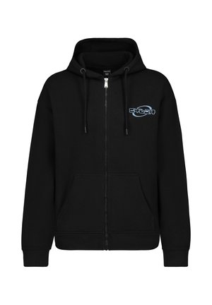 Black zip-up hoodie made of soft fabric featuring a front pocket, drawstring hood, and light blue logo on the left chest area.