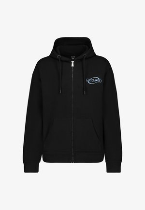 Black zip-up hoodie made of soft fabric featuring a front pocket, drawstring hood, and light blue logo on the left chest area.