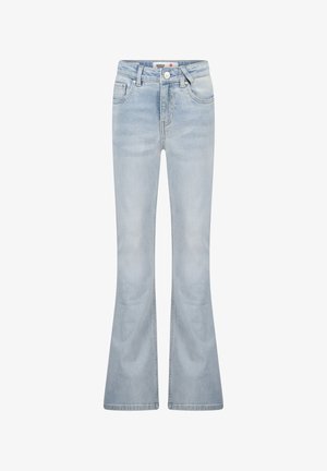Hellblaue Schlagjeans aus Denim. Verfügt über einen Frontknopfverschluss, Gürtelschlaufen und ein traditionelles Fünf-Taschen-Design. Glatte Textur.
