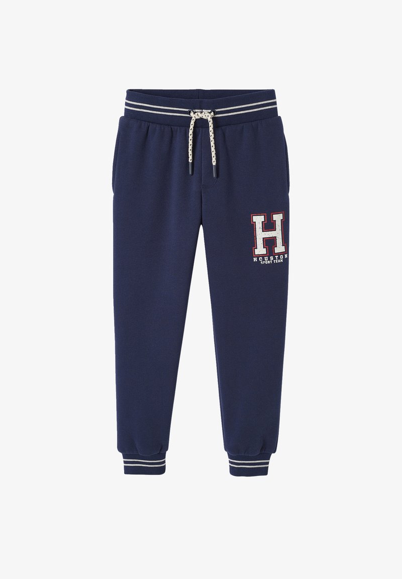 Marineblaue Sweatpants aus Baumwollmischung, mit einem elastischen Bund mit Kordelzug, umgenähten Säumen und einem Logopatch auf dem linken Oberschenkel.