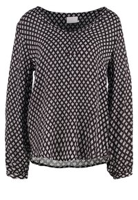 Schwarze Bluse mit langen Ärmeln aus leichtem Stoff, mit einem weißen Blättermuster, Rundhalsausschnitt und elastischem Saum.