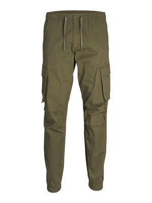 Pantalons cargo verts olives en tissu léger. Dotés d'une taille élastique, d'un cordon de serrage ajustable et de deux poches latérales.