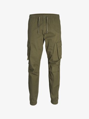 Olive green cargo pants made of lightweight fabric. Features elastic waistband, adjustable drawstring, and two side pockets.