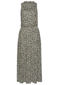 Sukienka bez rękawów w ciemnoszarym kolorze z rozsypanym kremowym wzorem w kamienie, zwężana w talii, z lekko opływającą spódnicą w kształcie litery A. Gładka struktura tkaniny.