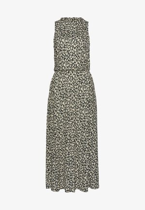 Ärmlös klänning i mörkgrått med ett spritt mönster av ljusgrå stenar, åtdragen i midjan och med en flödande A-linjeformad kjol. Slät tygtextur.