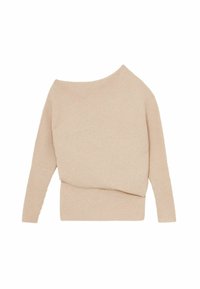 Beige geripptes Sweatshirt mit einem schulterfreien Ausschnitt und langen Ärmeln, ordentlich gefaltet, um seine Textur und Designdetails zu zeigen.