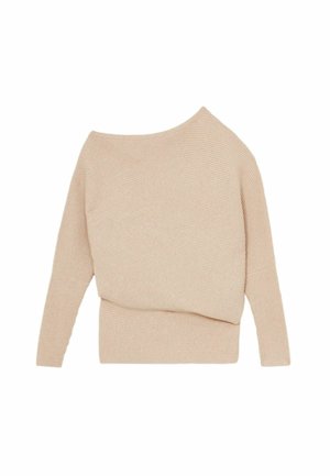 Pull beige à côtes avec un décolleté asymétrique et des manches longues, soigneusement plié pour mettre en valeur sa texture et ses détails de conception.