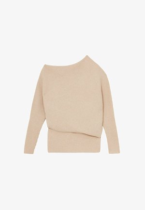Beige geribbelde trui met een off-shoulder halslijn en lange mouwen, netjes gevouwen om de textuur en ontwerpelementen te tonen.