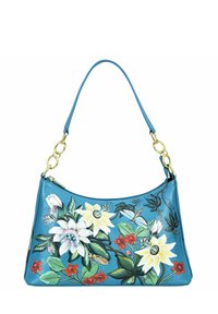Blauwe leren handtas met bloemmotieven, gouden hardware en een gebogen vorm. Voorzien van een enkele schouderband en een ritsluiting.
