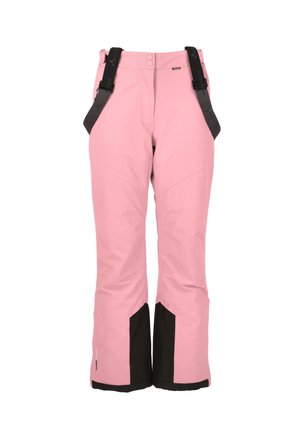 Pantalons de neige roses avec des accents noirs, bretelles ajustables, jambes droites et bas renforcés pour plus de durabilité.