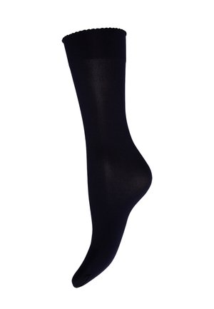 Svart midjämsa strumpa med vågig kant upptill, visad på vit bakgrund.