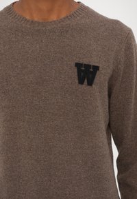 Brown wool sweater with a round neckline and ribbed trim. Features a black embroidered "W" logo on the left chest area. Textured knit fabric.