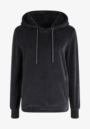 Zwarte hoodie gemaakt van zacht, fluweelachtig materiaal. Heeft een capuchon met trekkoord, zijzakken en aansluitende manchetten.