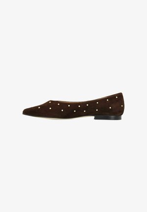 Brown suede flat shoe with a pointed toe, featuring gold decorative studs evenly spaced across the upper. Minimalistic black sole.
