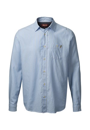 Chemise boutonnée à manches longues bleu clair avec des rayures verticales blanches. Présente une poche poitrine et un petit logo sur la poche. Fabriquée en tissu de coton.