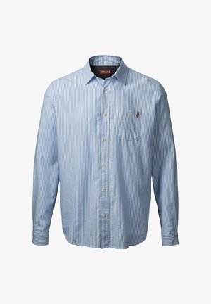 Svijetloplava košulja dugih rukava s bijelim vertikalnim prugama. Ima džep na prsima i mali logo na džepu. Izrađena od pamučne tkanine.