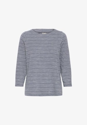 Garās piedurknes, tumši zila un baltā rūtiņu raksta sieviešu krekls ar apaļu kakla izgriezumu un brīvu piegriezumu.