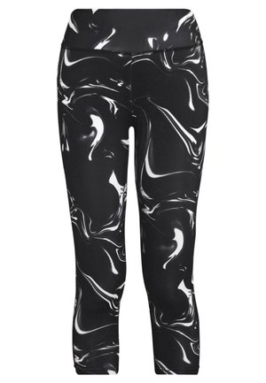 Schwarz-weiß marmorierte Leggings aus einem weichen, dehnbaren Stoff, mit einem hohen Bund und einem figurbetonten Design, das bis zur Mitte der Wade reicht.