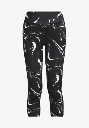 Schwarz-weiß marmorierte Leggings aus einem weichen, dehnbaren Stoff, mit einem hohen Bund und einem figurbetonten Design, das bis zur Mitte der Wade reicht.
