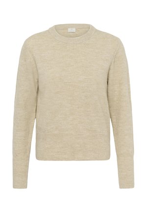 Pull crème avec un col rond, des manches longues et une finition douce et texturée. Présente un ourlet et des poignets côtelés. Design simple et épuré.