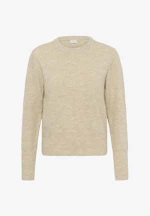 Krémový sveter s okrúhlym výstrihom, dlhými rukávmi a jemnou, textúrovanou povrchovou úpravou. Obsahuje rebrovaný lem a manžety. Jednoduchý, čistý dizajn.