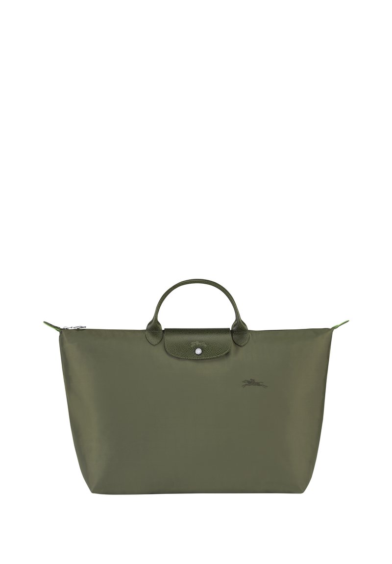 Olive green nylon tote bag with a textured leather top, two handles, and a metal zip closure; features a small logo on the front.