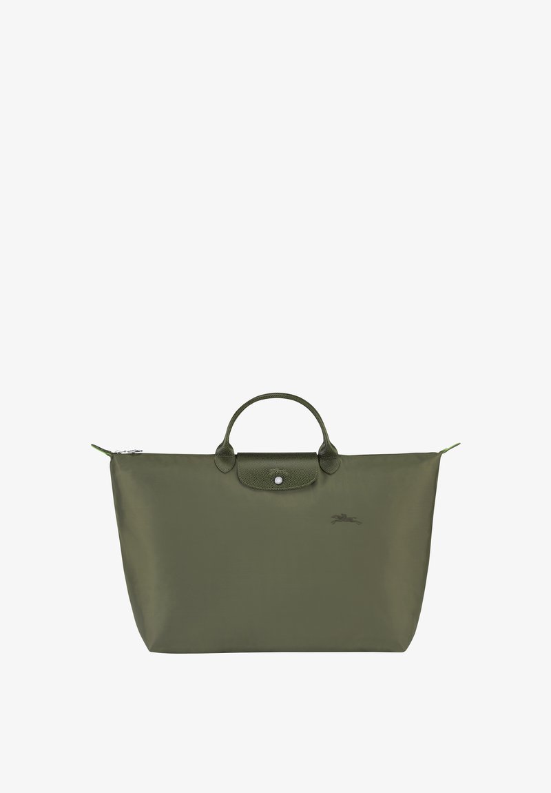 Olive green nylon tote bag with a textured leather top, two handles, and a metal zip closure; features a small logo on the front.