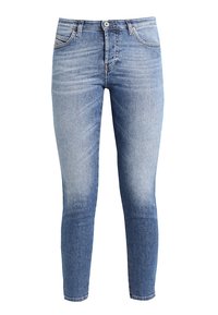 Ljusblå smala jeans i denim; har en blekt tvätt, femficksdesign och dragkedja med knappstängning.