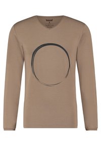 Beige Langarm-T-Shirt aus Baumwolle mit einem schwarzen kreisförmigen Pinselstrich-Design auf der Vorderseite und einem V-Ausschnitt.